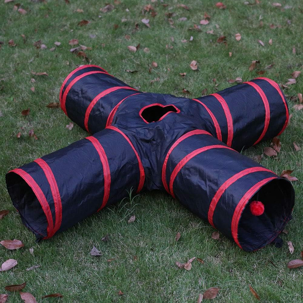 Cat Tunnel Collapsible Pet Play Tunnel Tube Toy with a Bell Toy & a Soft Ball Toy for Cat, Puppy, Kitty, Kitten, Rabbit (4 Way, Red)