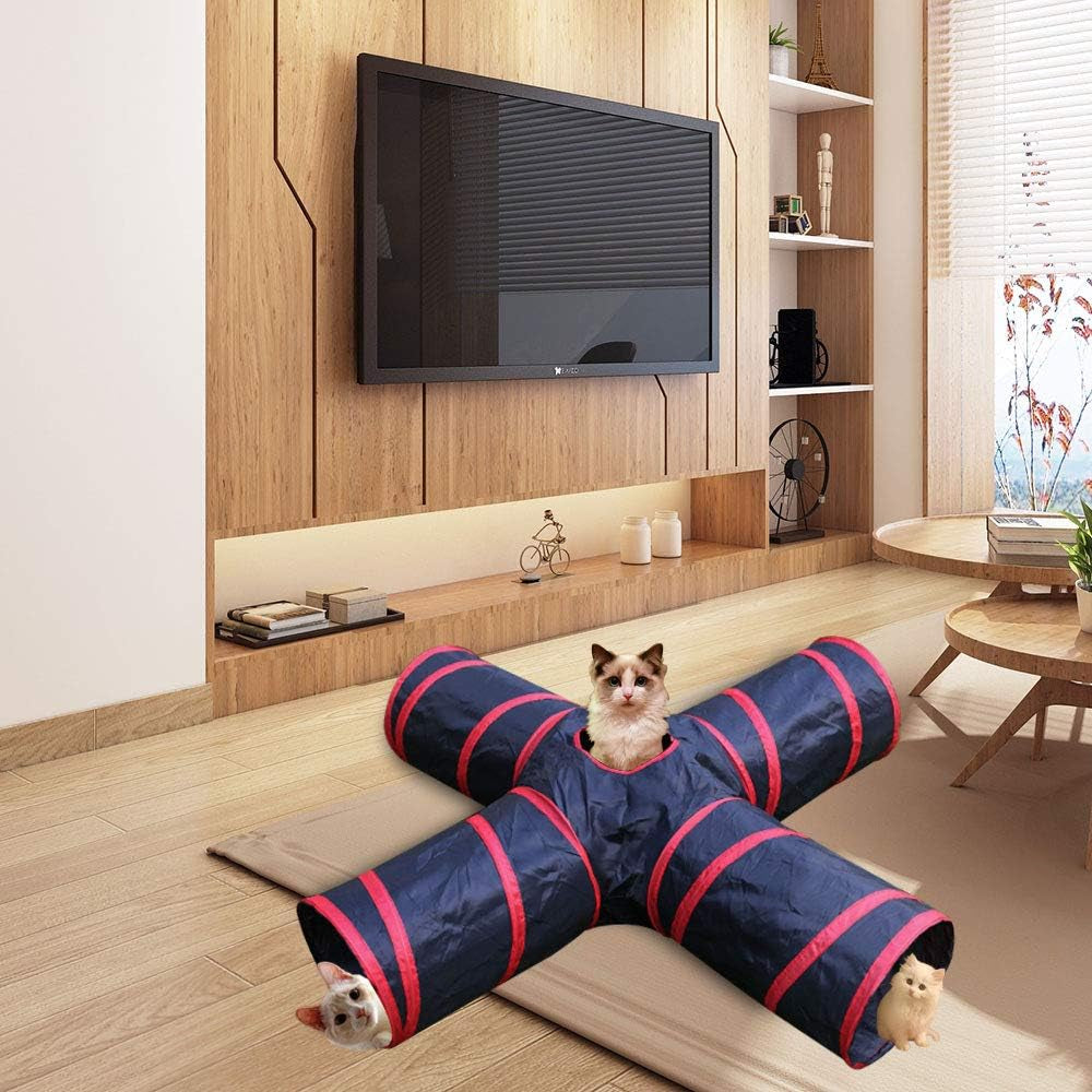 Cat Tunnel Collapsible Pet Play Tunnel Tube Toy with a Bell Toy & a Soft Ball Toy for Cat, Puppy, Kitty, Kitten, Rabbit (4 Way, Red)
