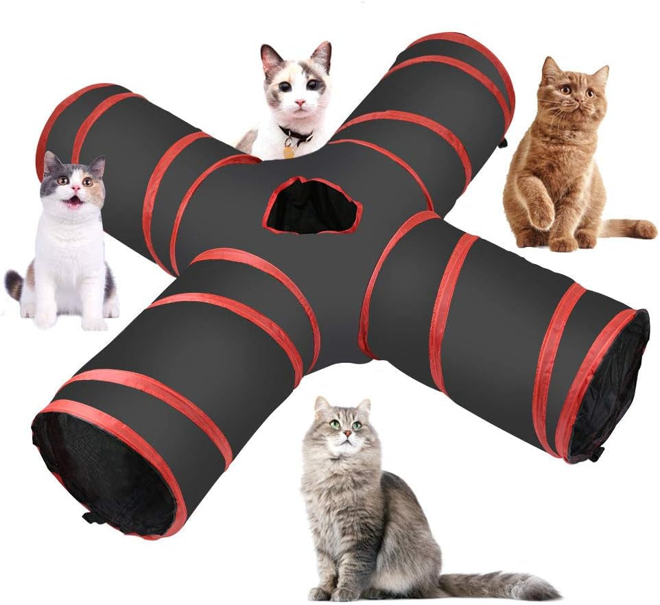 Cat Tunnel Collapsible Pet Play Tunnel Tube Toy with a Bell Toy & a Soft Ball Toy for Cat, Puppy, Kitty, Kitten, Rabbit (4 Way, Red)