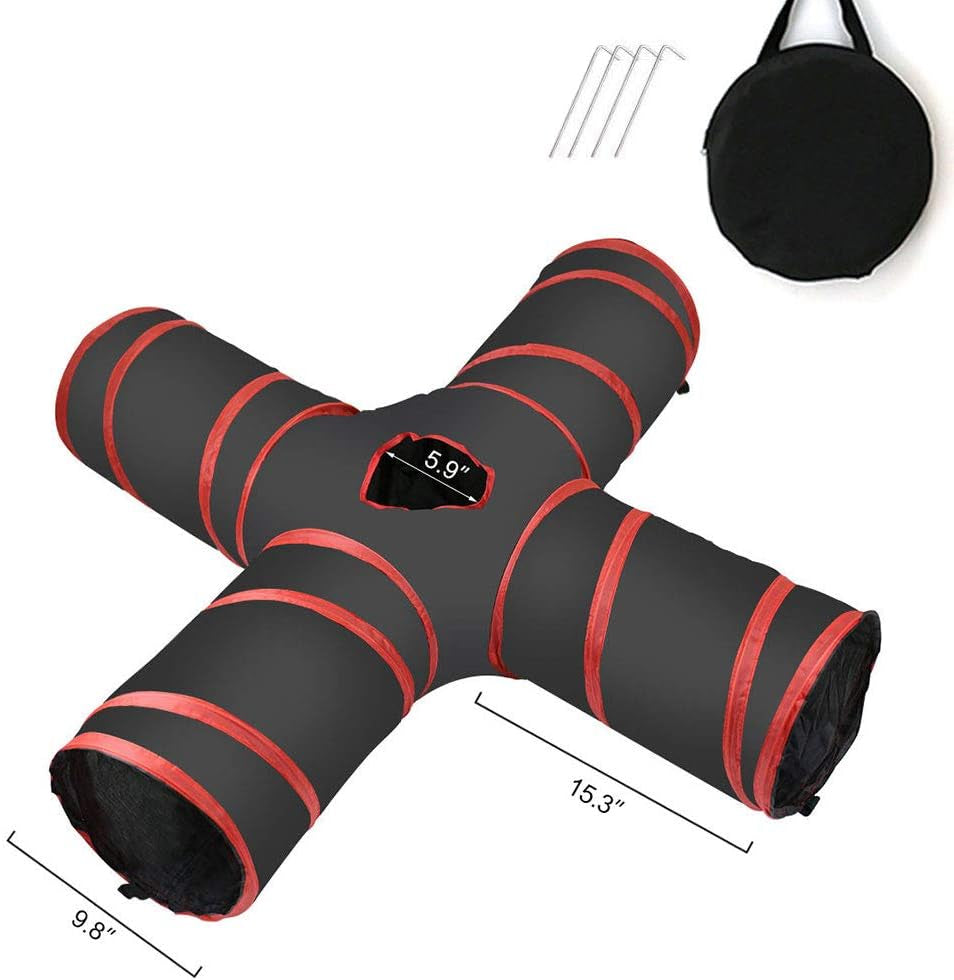 Cat Tunnel Collapsible Pet Play Tunnel Tube Toy with a Bell Toy & a Soft Ball Toy for Cat, Puppy, Kitty, Kitten, Rabbit (4 Way, Red)